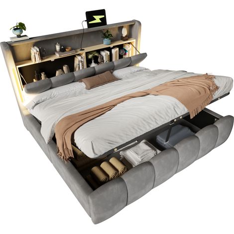 CHICFURN Lit coffre 180x200 cm en velours gris avec LED, tête de lit avec rangement, ports USB et Type-C, lit adulte avec sommier, sans matelas (1/5)