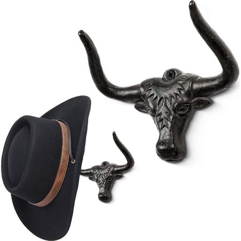 Porte-chapeaux en fonte avec corne de bœuf, style western rustique, 2 pièces (noir) (1/5)