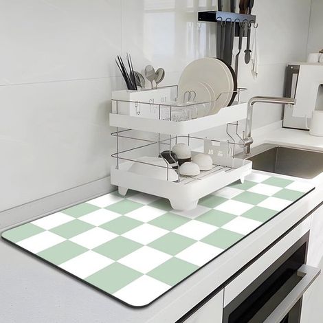 Tappetino asciugapiatti a quadretti per la cucina,40 x 60 cm,tappetino da caffè per piani di lavoro,verde e bianco