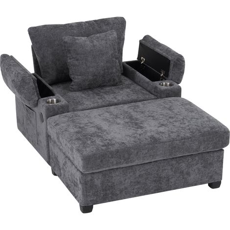 Sillón Convertible de Chenilla con Portavasos y Almacenaje, Cojín de Respaldo, Gris Oscuro (1/5)