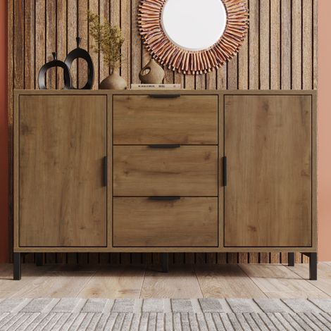 Commode à 2 portes et 3 tiroirs, 120 x 40 x 76 cm, en chêne foncé, étagère réglable, buffet/meuble haut pour chambre et pièces à vivre (1/5)