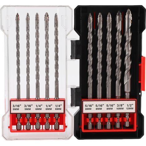10-teiliges Set aus 1/4" verlängerten Sechskantschaft-Bohrern mit gezahnter Spitze und Hartmetallspitzen für Mauerwerk, Beton, Fliesen, Ziegel, Wände, Glas, Kunststoff und Holz. (1/5)