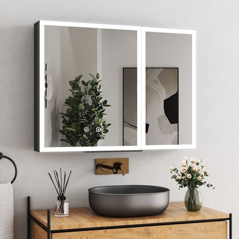 Spiegelschrank Bad mit Beleuchtung 80x60cm Spiegelschrank mit Beleuchtung Badspiegel mit Beleuchtung Badezimmerschrank Badschrank Hängeschränke mit 3-Farben Dimmbar + Beschlagfrei