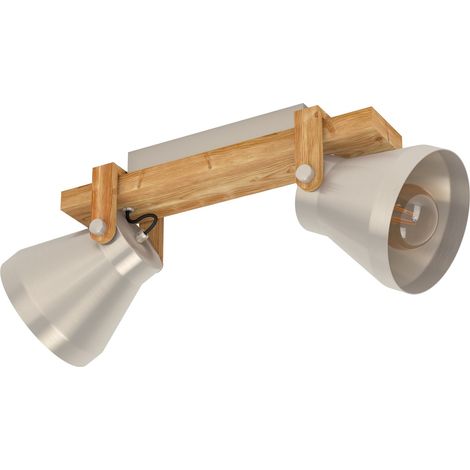 EGLO Deckenlampe Cawton, rustikale Deckenleuchte mit 2 schwenkbaren Spots, Wohnzimmerlampe aus geflammtem Holz und Metall in Stahlfarben, Deckenspot mit E27 Fassung (1/5)