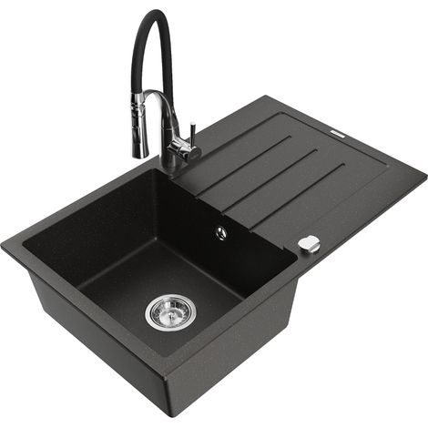 Mexen Bruno 1 Becken-Granitspüle mit Abtropffläche und Mischbatterie Aster, Schwarz/Gold metallisch - 6513-75-73450-07 (1/5)