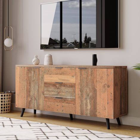 Mueble TV, para TV de 55", con 3 cajones y 2 puertas, 140x35x70cm, aglomerado, marrón y negro, TV muebles (1/5)
