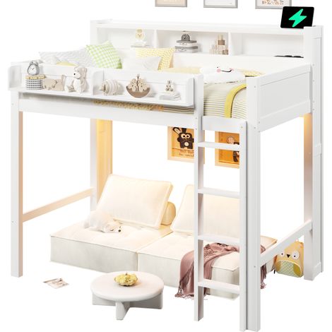 Lit mezzanine en bois 90x200 cm avec étagères, éclairage LED et port USB, blanc