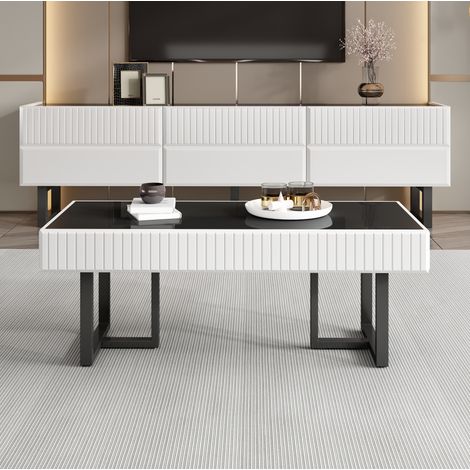 Set tavolino e mobile TV 170x35x47 cm e 110x50.5x41 cm, design a strisce, piano lucido, MDF e truciolato, nero bianco (1/5)