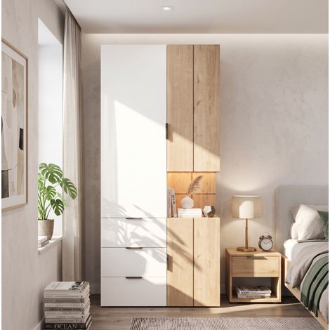 Armadio 90 x 49 x 200 cm con LED, 2 barre appendiabiti e 4 cassetti OKWISH (1/5)