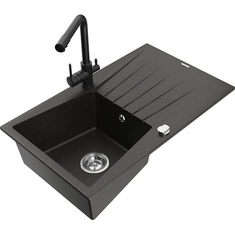 Mexen Cesar lavello da cucina in granito 1-vasca con scolapiatti e miscelatore Duero, nero/oro metallizzato - 6514-75-671600-70 (1/5)