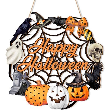 Décoration d'Halloween, couronne de porte fantôme en bois, panneau de porte d'entrée, panneau mural, citrouille, chauve-souris, chat noir, pannea (1/5)