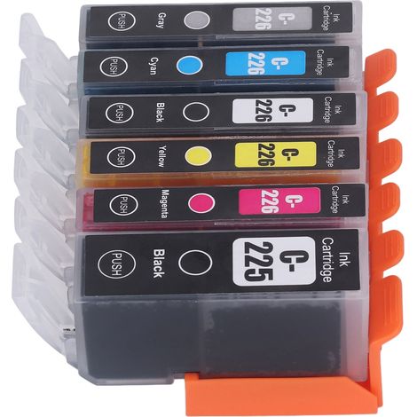 Les cartouches d'encre 225-226, préremplies, sont compatibles avec les imprimantes PIXMA IX6520/IP4820/IP4920, MG5120/MG5220, etc. (Amérique du Nord). Cartouches d'encre 6 couleurs (noir/noir/cyan/mag (1/5)