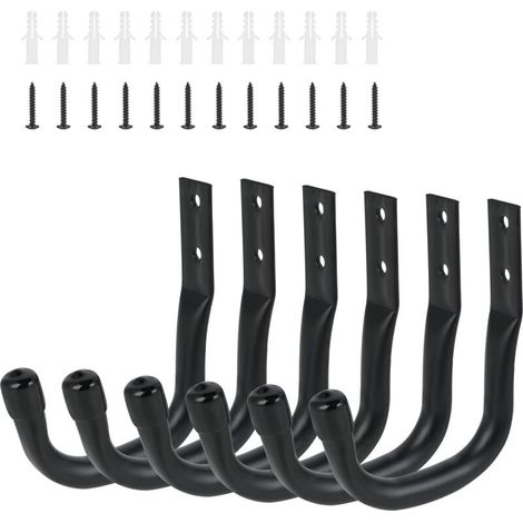 Bardusch-6 crochets muraux - support vélo mural robuste, porte-vélo mural noir pour garage, crochets en J pour échelle, rangement vélos, outils électriques, tuyaux d’arrosage, chaises pliantes - 9 cm (1/5)