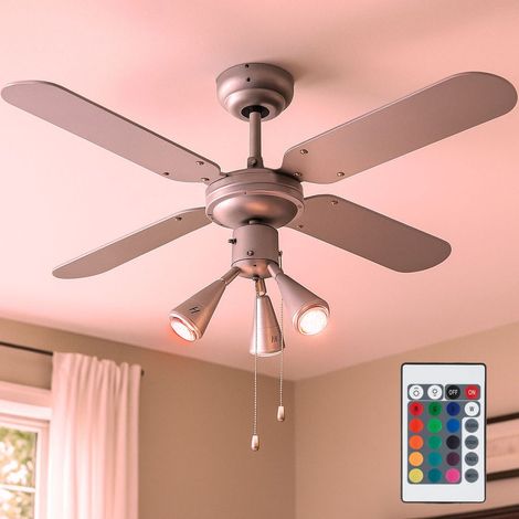RGB LED Deckenventilator Zugschalter Ventilator Vor-Rücklauf Lüfter wendbare Flügel, Spots beweglich, Fernbedienung dimmbar, 3x 4,8W 420Lm warmweiß, D 102 cm