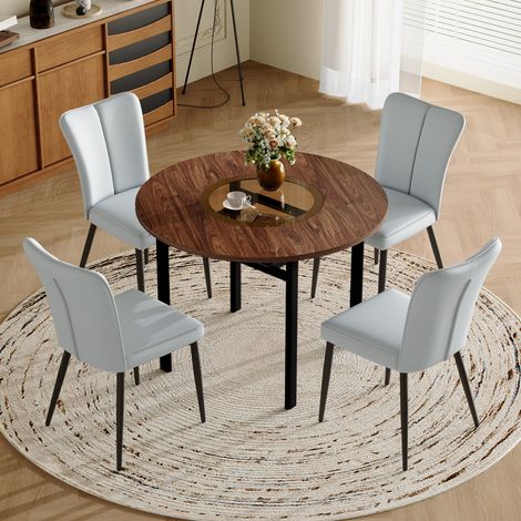 Ensemble Esstisch und Stühle, Runder Tisch mit 4 Stühlen, Sicherheitsglas, Holzoptik Braun, Metall Schwarz (1/5)
