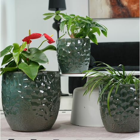 Pot de fleurs en céramique Ø30 cm vert foncé, respirant, résistant au gel pour intérieur FloraGrace (1/5)