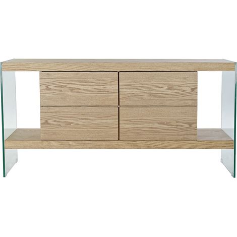 Commode en bois MDF marron clair avec 2 étagères et 4 tiroirs - Largeur 160 x Hauteur 80 x Profondeur 45 cm -PEGANE- (1/4)