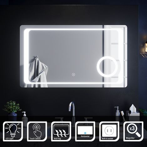 ELEGANT 1000 x 600mm Bathroom Illuminated LED Mirror with Anti-foggy Function + Shaver Socket Magnifying Mirror Large Bathroom LED Mirror