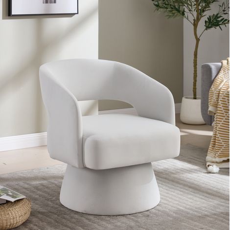 Fauteuil pivotant beige en chenille et bois avec dossier ouvert et base rotative (1/5)