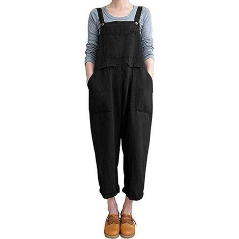 Combinaison salopette ample pour femme, pantalon décontracté  Combinaison en coton et lin XL, pantalon harem à jambes larges  Salopette longue décontractée en coton et lin pour femme (1/5)