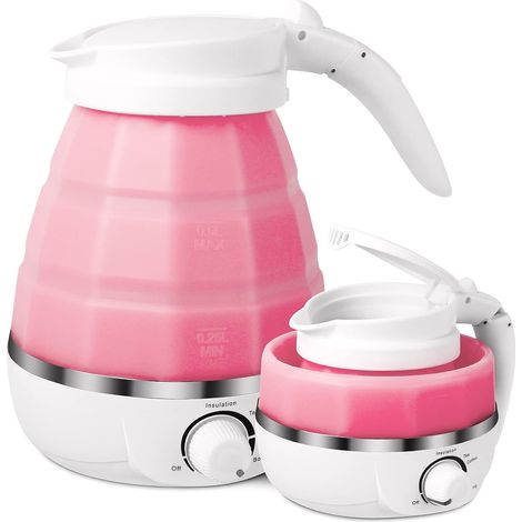 Bollitore pieghevole, mini bollitore da viaggio, cavo di alimentazione indipendente a doppia tensione, silicone con base in acciaio inox (0,6 l, 110–220 V, versione UE, spina rosa)