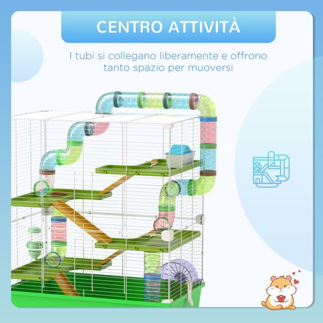 Cage à hamster à 5 niveaux avec tubes. maison. aquarium et roue. en acier. PP et PS. 59 x 36 x 69 cm. verte et blanche (1/5)