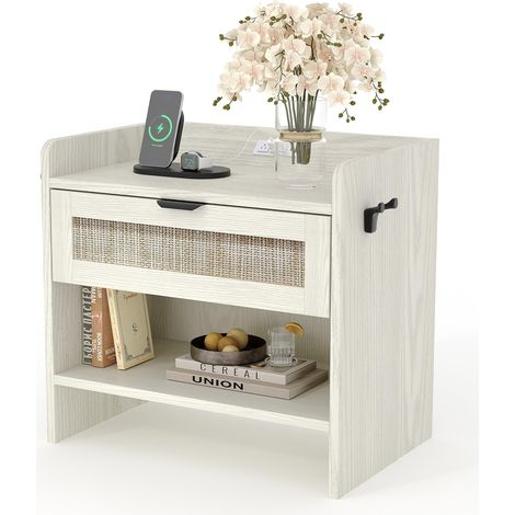 Table de chevet en MDF blanc, 1 tiroir effet cannage et étagère ouverte, meuble de rangement pour chambre, 60 x 39 x 56 cm (1/5)