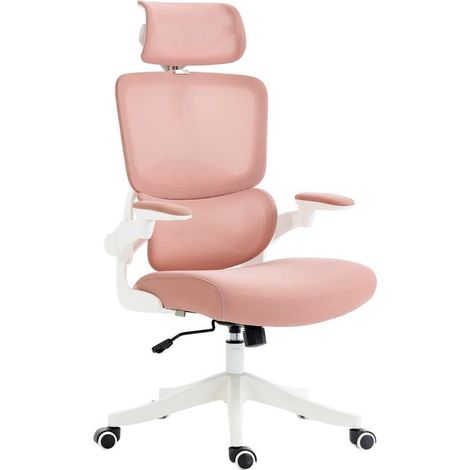 Chaise rose pivotante avec accoudoirs, dossier incurvé et inclinaison réglable, confort tendance bureau maison