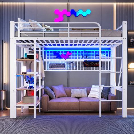 Letto a soppalco 90 x 200 cm in metallo e MDF, mensola, LED, bianco, OKWISH (1/5)