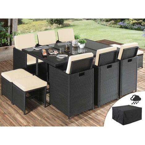 Fira - garten essgruppe 10 sitze - aus geflochtenem polyrattan - schwarz mit beigen kissen + schutzhülle - beige / schwarz (1/5)