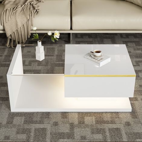 Table basse blanche brillante 90 cm avec effet verre et éclairage LED, design moderne pour salon - fonctionnalité et élégance (1/5)