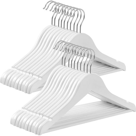 Lot de 20 Cintre Enfant, Bois d'érable, Barre de suspension, Encoches, Crochet rotatif 360°, 35 cm, Blanc et Argent