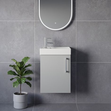 Napoli Cube Gloss Grey Pearl 400mm Wall Mounted Single Door Vanity Unit with Align Basin - 400mm - Chrome 160mm Handle