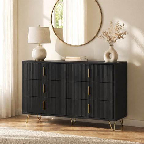 Credenza 120 x 77 x 40 cm con 6 cassetti, nero e oro HAVRYA (1/5)