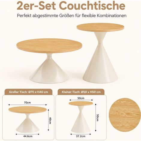 Lot de 2 tables basses rondes Ø70xH40 cm et Ø50xH50 cm, plateaux effet bois et pieds en acier crème, pour salon et chambre, coloris crème et bois (1/5)