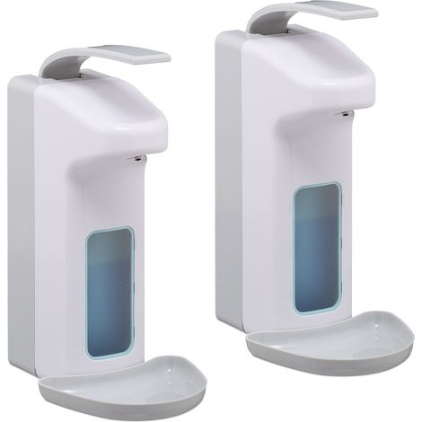 2 Dispensadores de Jabón para Pared, 1000 ml, Bandeja Goteo, Dosificador Desinfectante, Palanca Brazo, ABS, Blanco