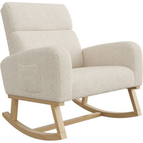 Poltrona a Dondolo - Velluto Montone Beige - 87cm - Antiscivolo - Tasche di Riposo