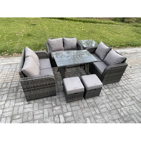 Fimous Rattan Garden Furniture Set 8 Seater Patio Outdoor Love Sofa Set with Rectangular Dining Table Side Table 2 Small Footstools Dark Grey Mixed (1/5)