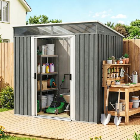 Caseta de Jardín 195x122x181,5 cm con Puerta Corredera 2 Ventanas y Anti-UV para Almacenar Herramientas Gris Claro (1/5)