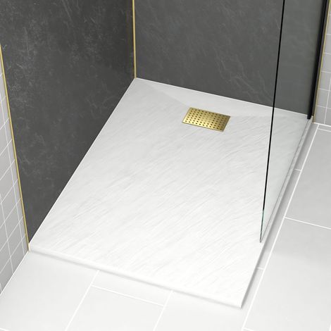 Piatto Doccia Bianco Effetto Pietra 90x120 cm e Griglia motivo Perforato Oro Spazzolato (1/4)