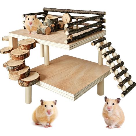 Hamster Toy, Wooden House for Hamster DIY, Platform with Ladder and Safety Fence, Play Area Climbing for Hamsters, Dimensions 47 x 34 x 22 cm (1/5)