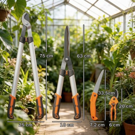Set de 4 sécateurs de jardin avec ébrancheur, sécateur bypass, cisaille et scie pliante, manches en aluminium (1/5)