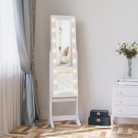 Armoire boîte à bijoux avec miroir réglable et lumières LED - blanc chaud - miroir en bois pour boîte à bijoux - 36x30x136 cm