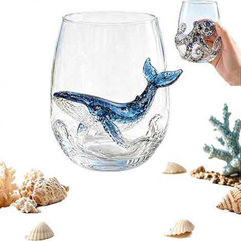 Verrerie artisanale à motif pieuvre à anneaux bleus, Verrerie bleue (H) Verres à vin sans pied à motif pieuvre, Verre artistique fait main, Décoration intérieure bord de mer (1/5)