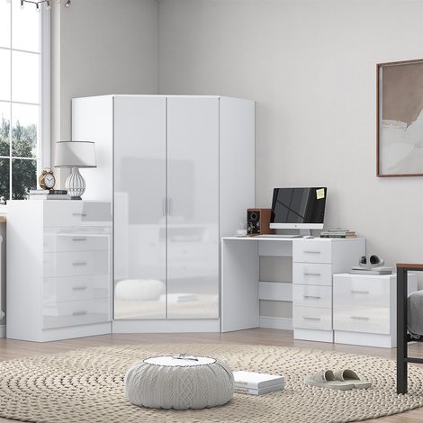 Reflect 2 Door Corner Wardrobe, 5 Drawer Chest, 2 Drawer Bedside & Desk - White Gloss & Matt White - Bedroom Furniture Set