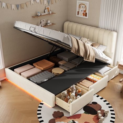 Lit coffre enfant avec vérin hydraulique, Lit double 140x200cm, lit capitonné beige, 3 tiroirs, bande LED, velours beige (1/5)