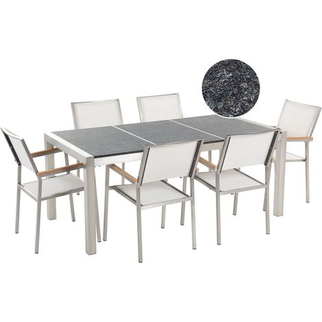 Set da Giardino Tavolo Piano Basalto Fiammato 6 Sedie Bianche 180 x 90 cm Grosseto (1/5)
