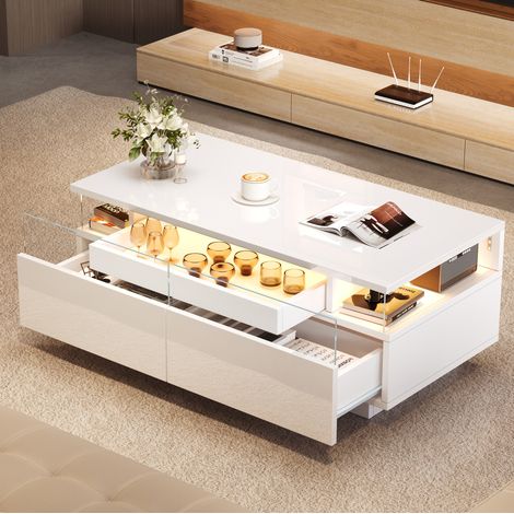 Table basse 90x45x35,5 cm blanche en panneau de particules avec tiroirs, plateau amovible et éclairage LED (1/5)