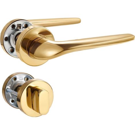 Poignée de Porte Doré PVD,Poignée pour Porte d'Entrée et Porte Intérieure, Garniture en Acier Inoxydable Mat, Forme en L, Rosace Ronde, WC - Cylindre Sanitaire (1/5)