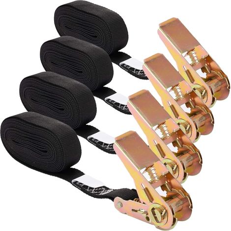 Pack de 4 sangles d'arrimage 4m 25mm – 800kg résistance – 100% polyester – Points renforcés – Tension facile avec cliquet-noir (1/5)